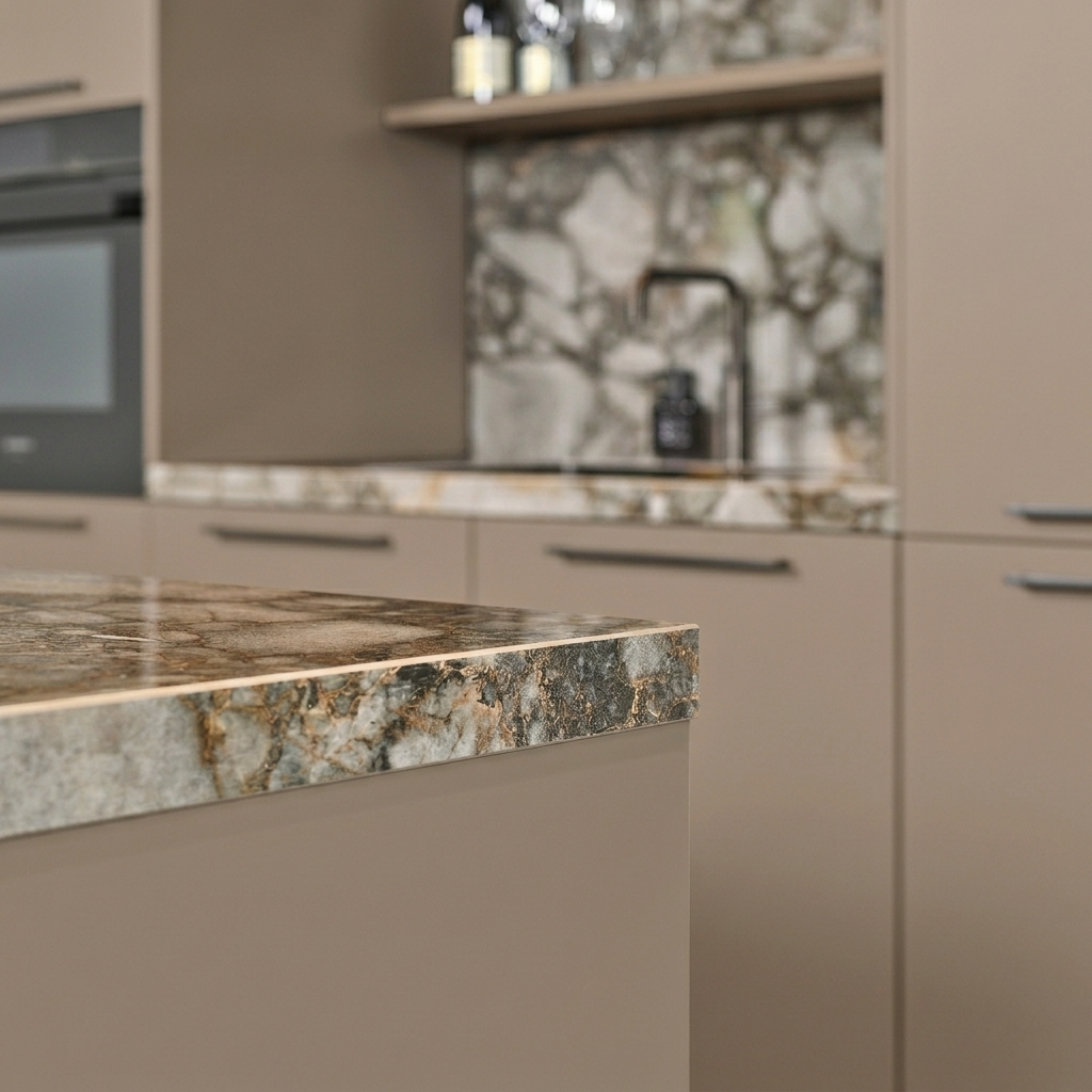 Taupe keuken met marmer blad