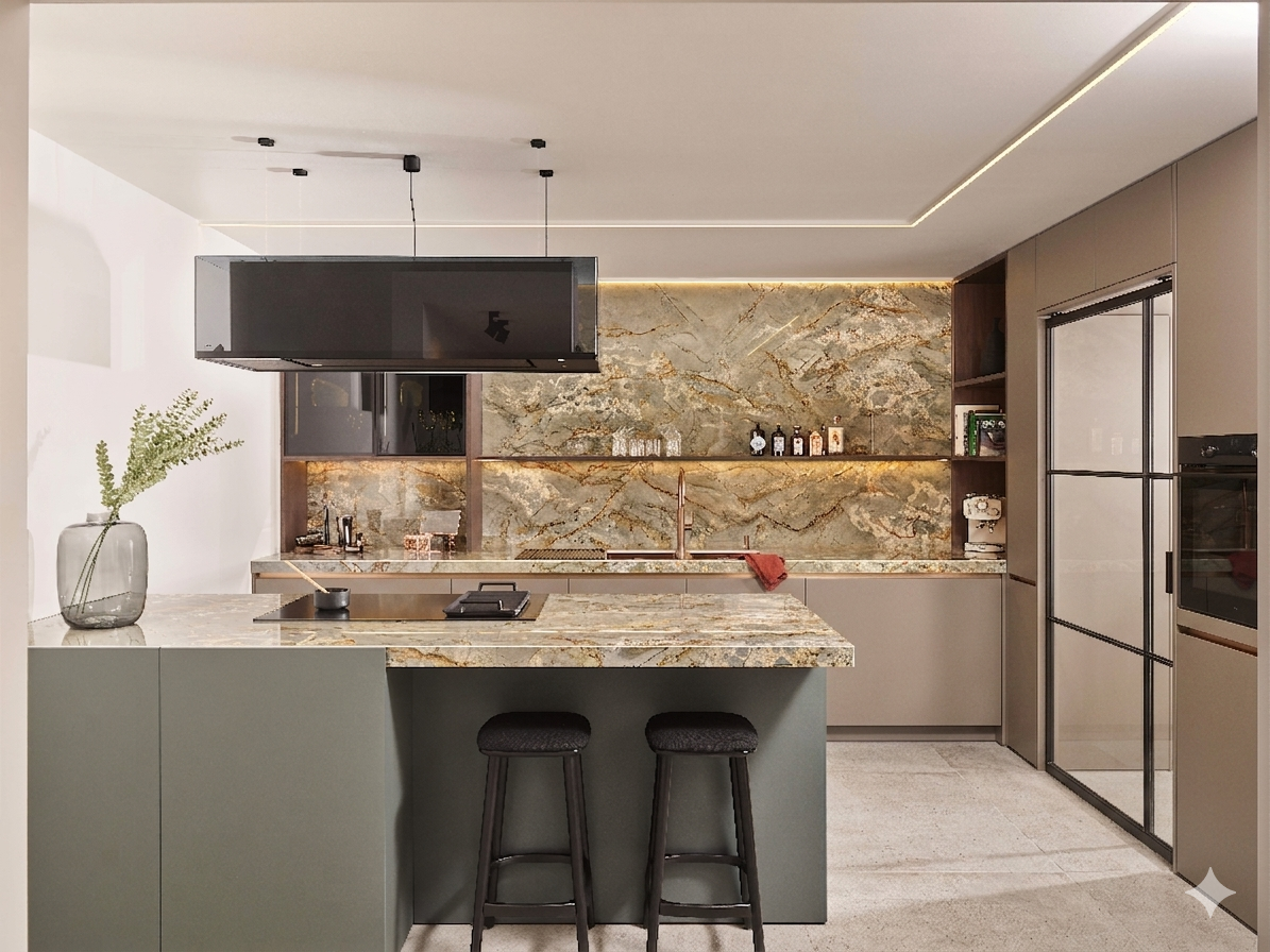 Taupe keuken met marmer blad