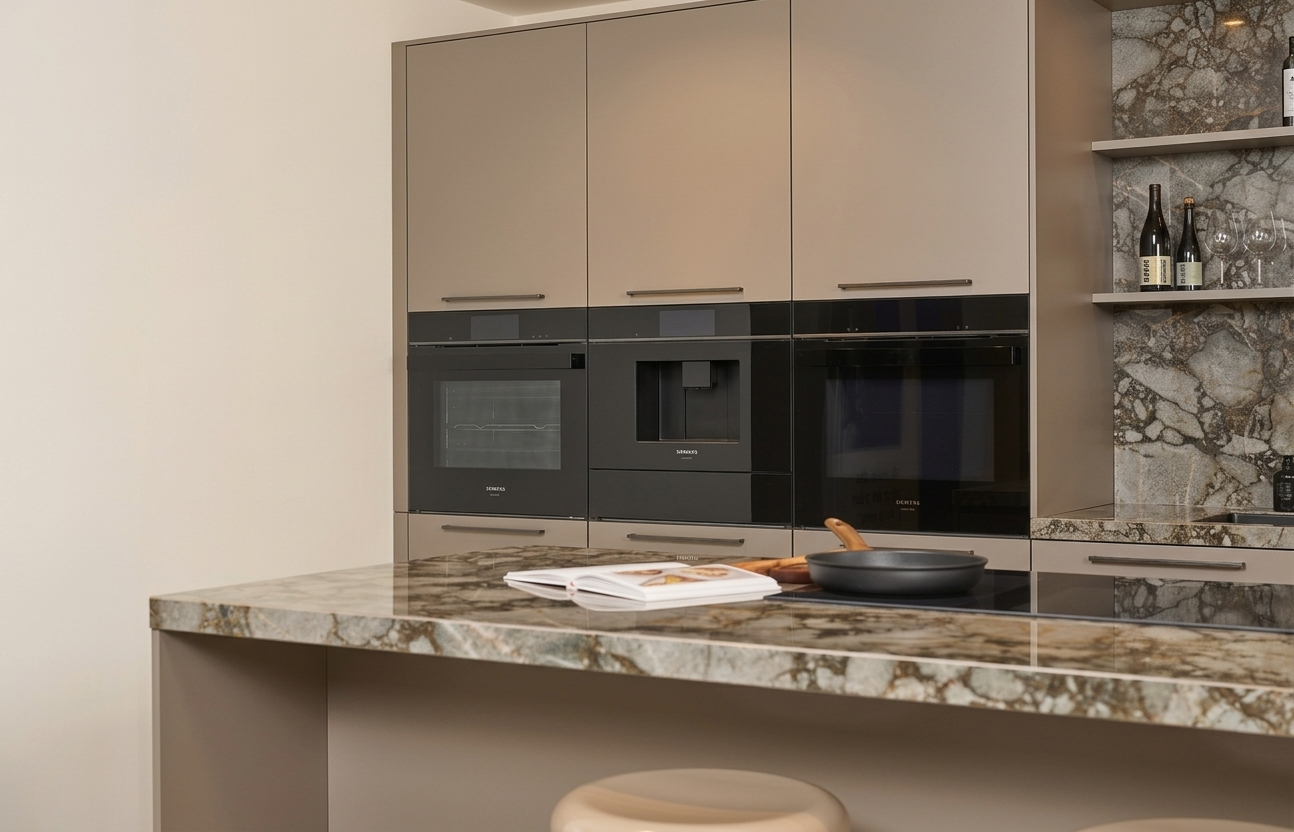 Taupe keuken met marmer blad