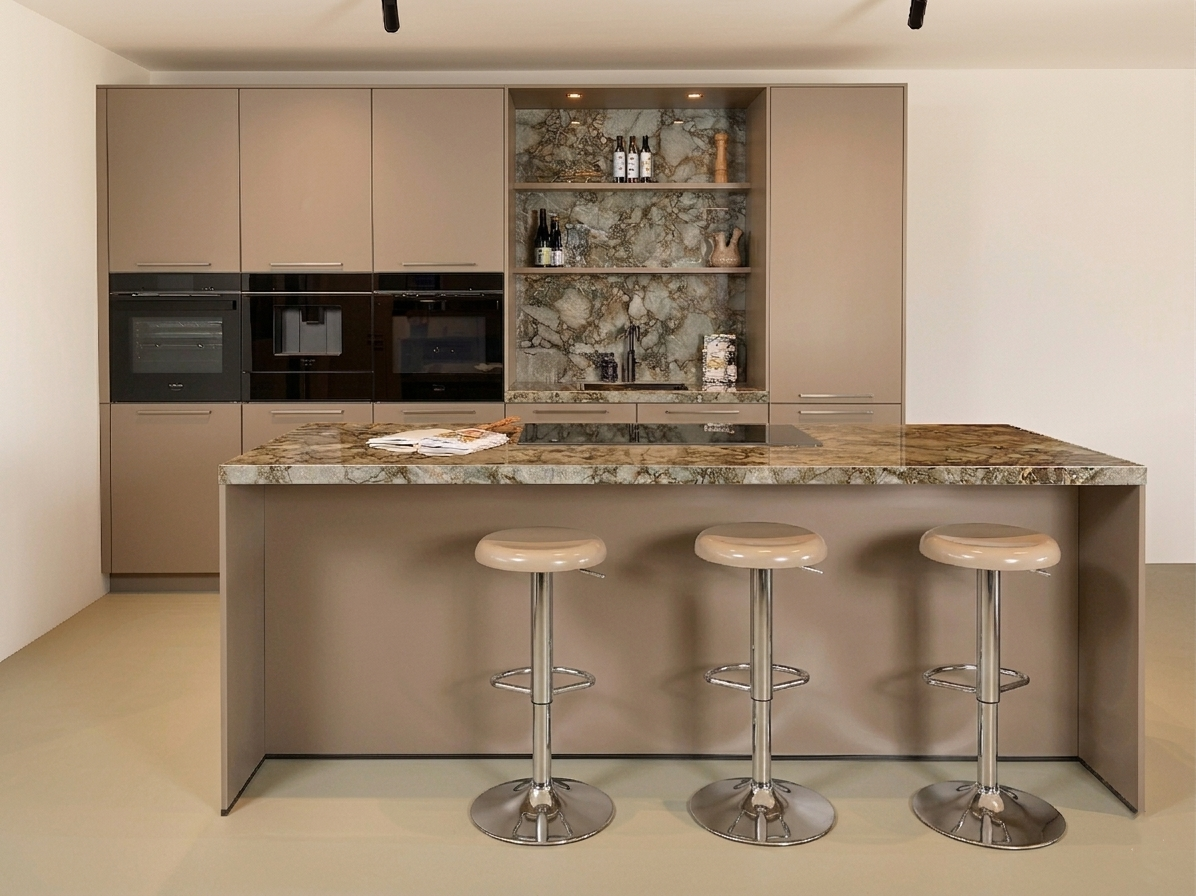 Taupe keuken met marmer blad